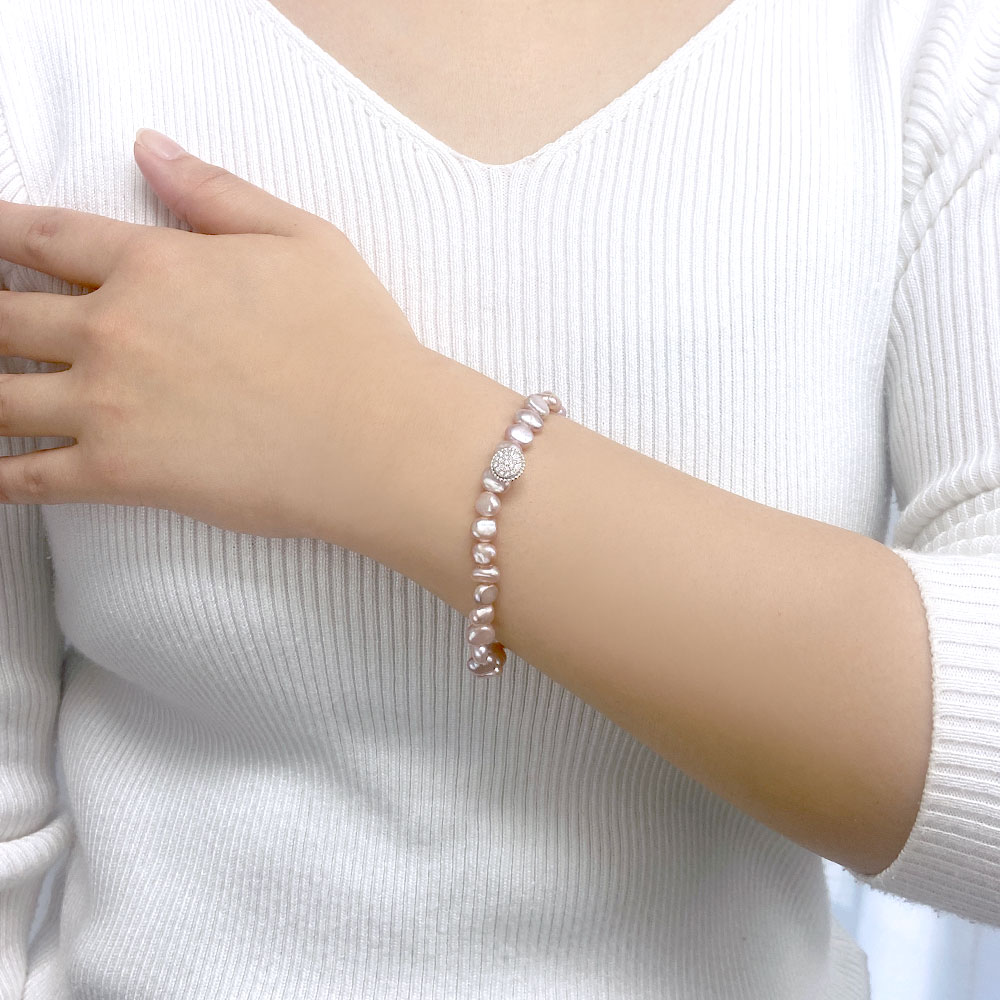 淡水パール ナチュラルピンク ストレッチブレス SV925CZメタルパーツつき