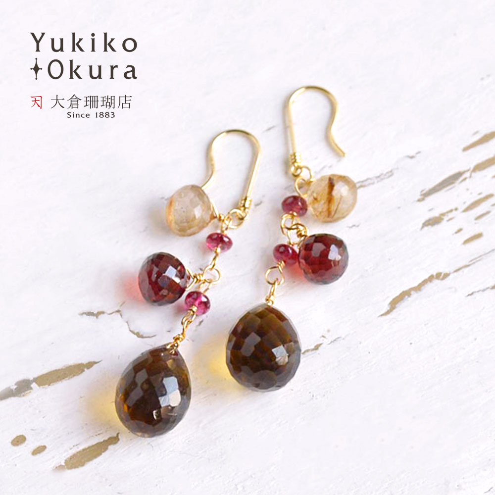 K18 ウィスキークォーツ ガーネット ルチルクォーツ ロング イヤリング ピアス