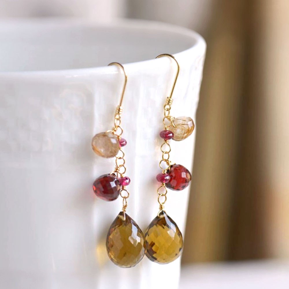 K18 ウィスキークォーツ ガーネット ルチルクォーツ ロング イヤリング ピアス