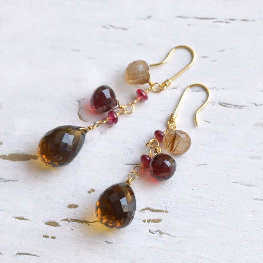K18 ウィスキークォーツ ガーネット ルチルクォーツ ロング イヤリング ピアス