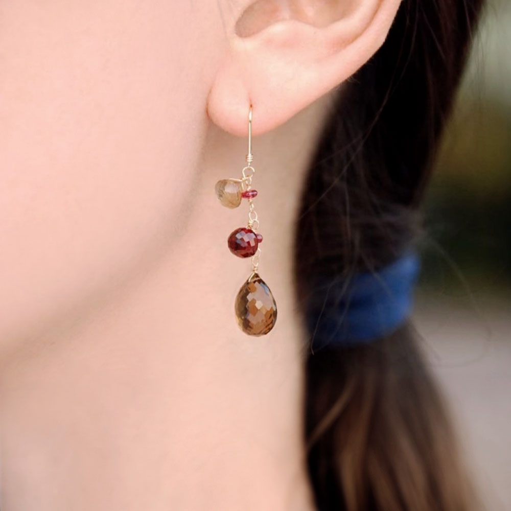 K18 ウィスキークォーツ ガーネット ルチルクォーツ ロング イヤリング ピアス