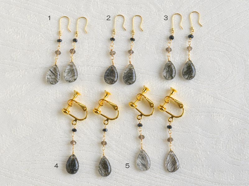 ブラックルチル スモーキークォーツ ブラックスピネル イヤリング ピアス