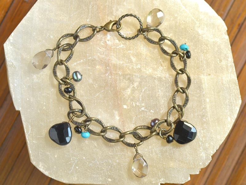 オニキス ターコイズ スモーキークォーツ 淡水パール ブレスレット