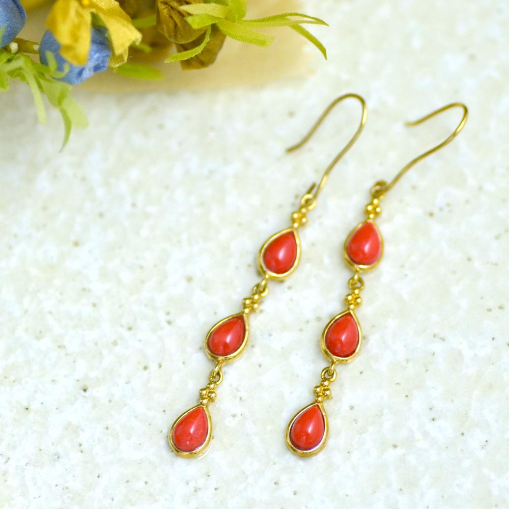 K10 珊瑚 3石 スイングイヤリング ピアス | イヤリング・ピアス（全