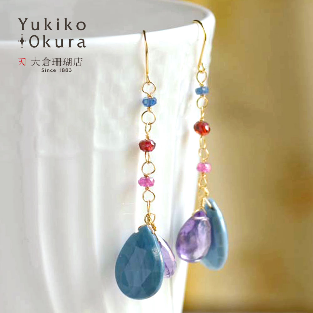 K18 ブルーオパール アメシスト ガーネット ロングピアス