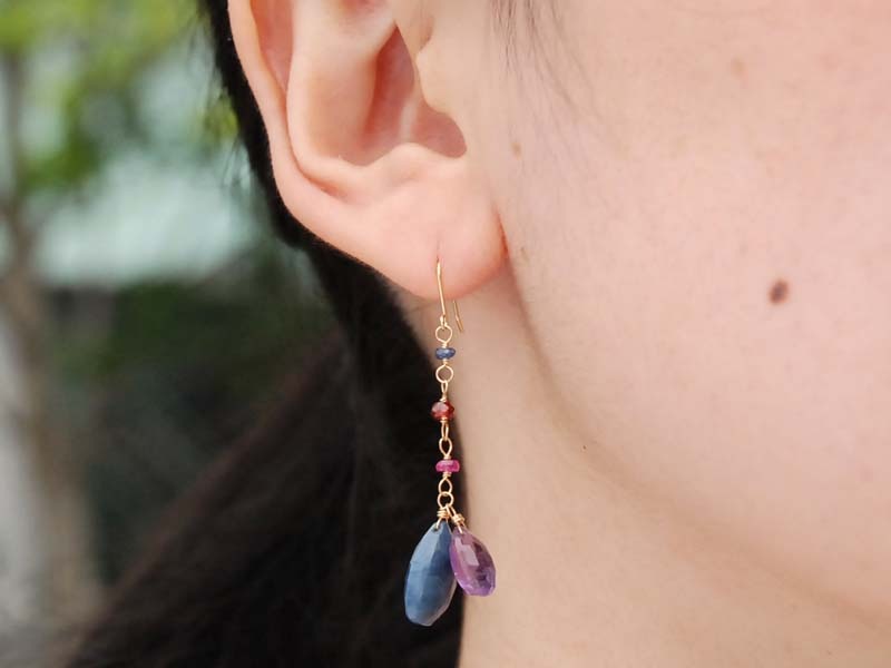 K18 ブルーオパール アメシスト ガーネット ロングピアス