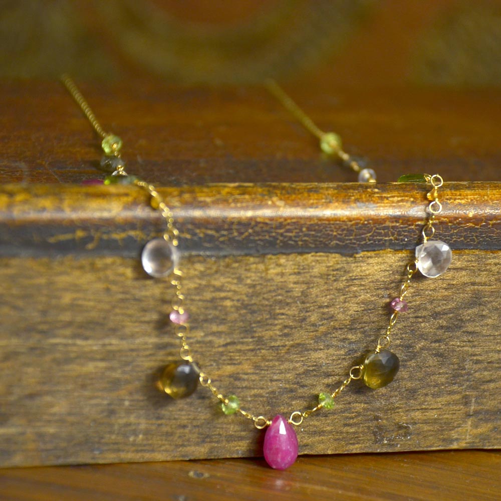 K18 ピンクサファイア ペリドット クォーツ ネックレス