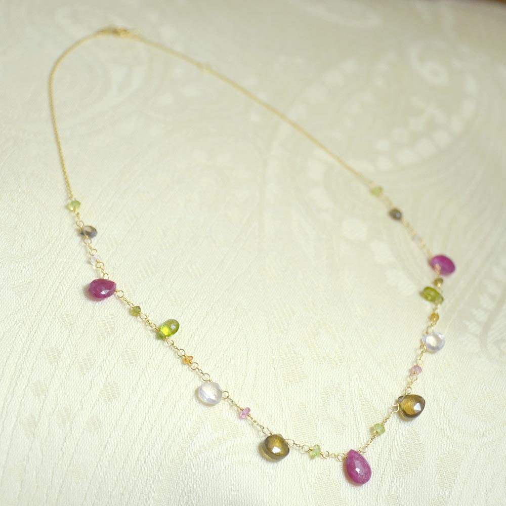 K18 ピンクサファイア ペリドット クォーツ ネックレス