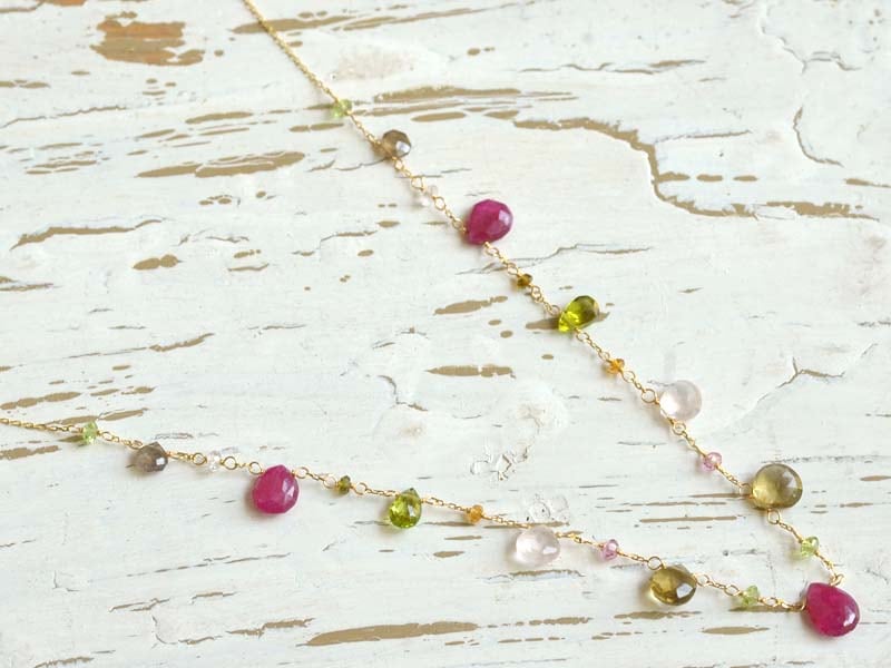 K18 ピンクサファイア ペリドット クォーツ ネックレス