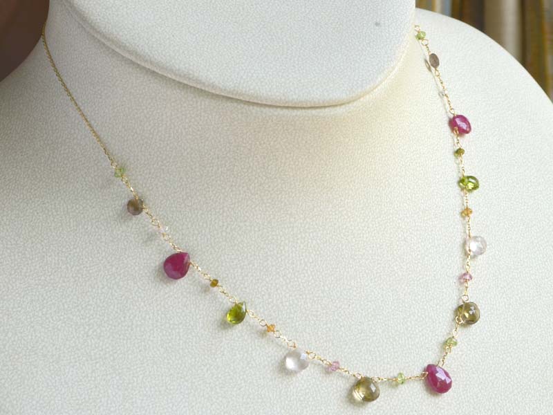 K18 ピンクサファイア ペリドット クォーツ ネックレス