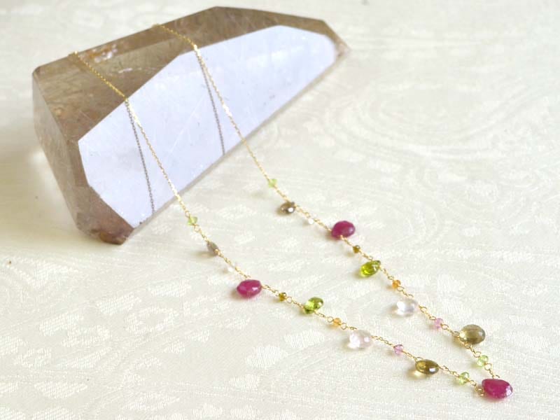 K18 ピンクサファイア ペリドット クォーツ ネックレス