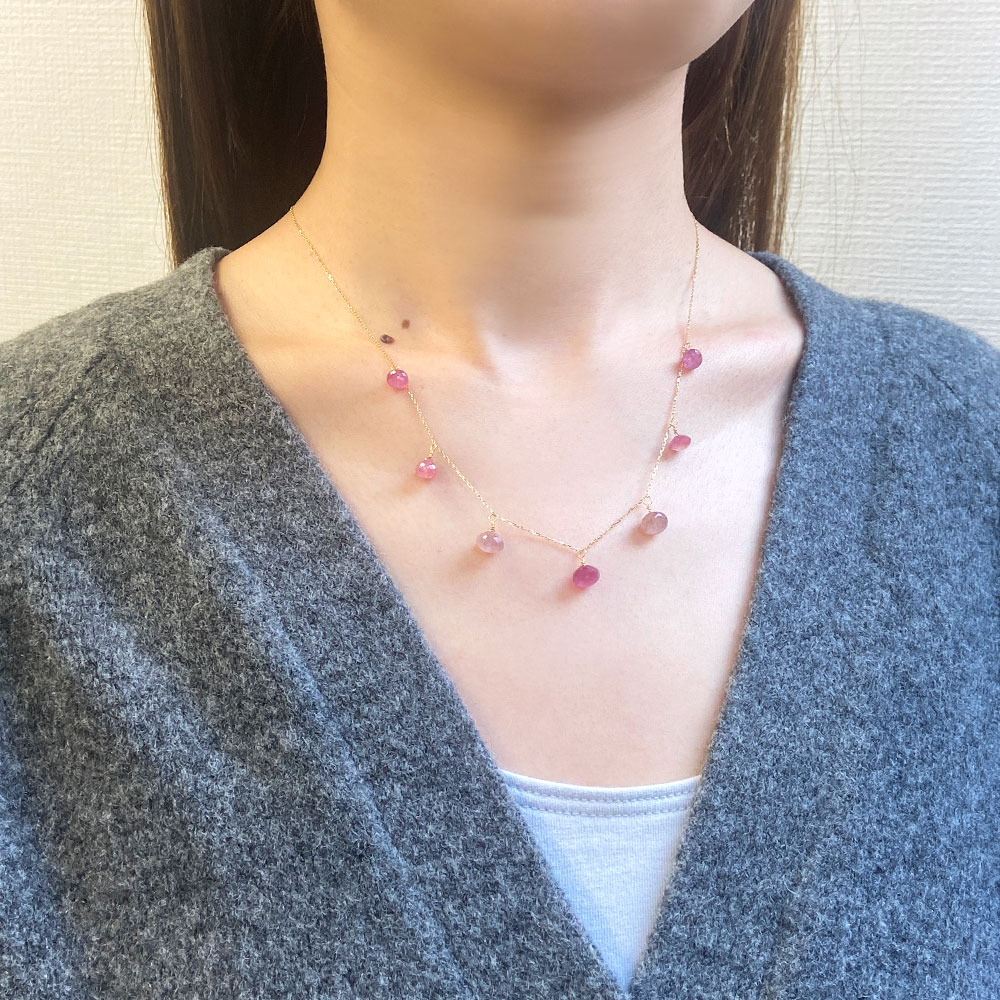 K18 ピンクサファイア オニオンカット フリンジネックレス