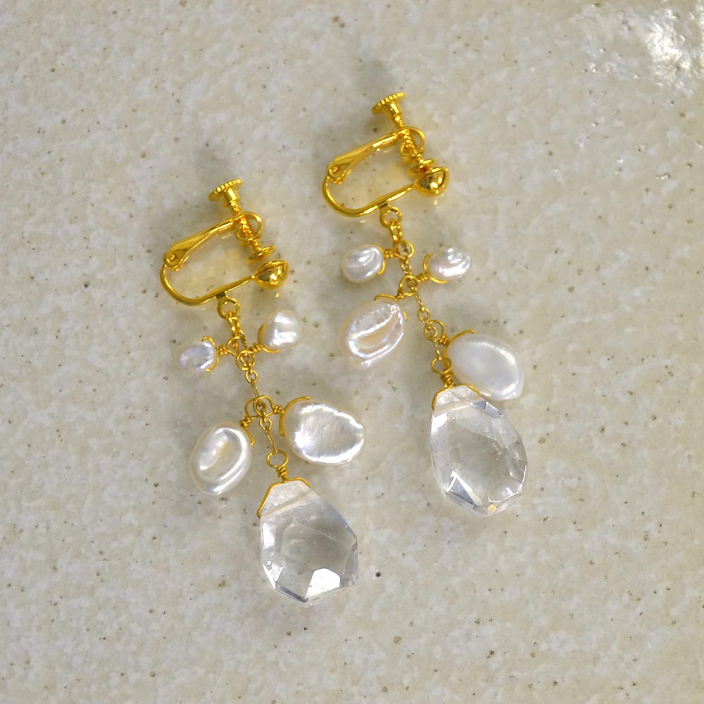 クォーツ ケシ淡水パール イヤリング ピアス