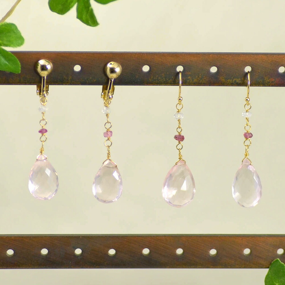 K18 ローズクォーツ ピンクトルマリン レインボームーンストーン イヤリング ピアス