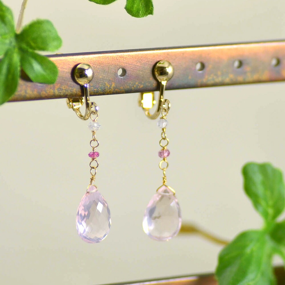 K18 ローズクォーツ ピンクトルマリン レインボームーンストーン イヤリング ピアス