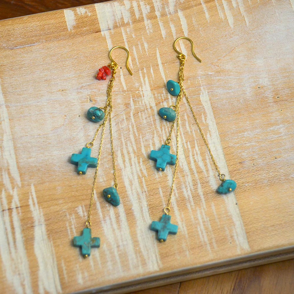 ターコイズ クロス 胡渡り珊瑚 ロングピアス