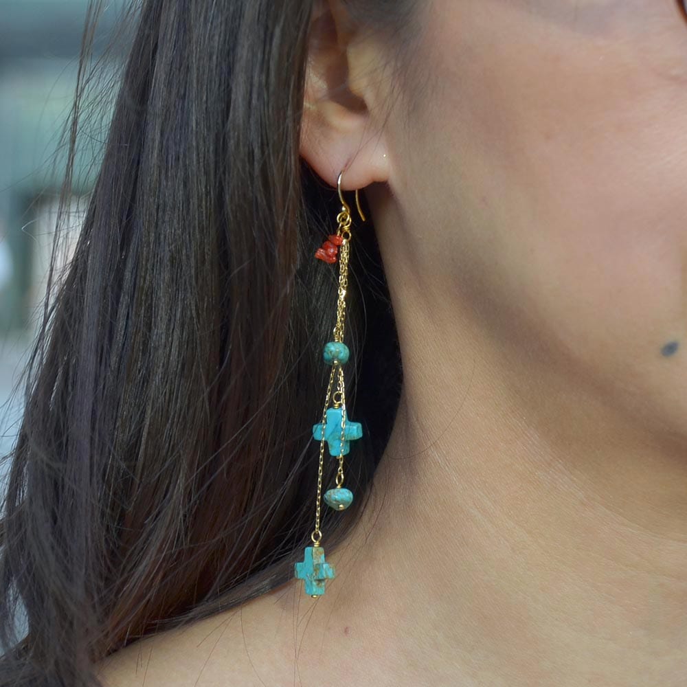 ターコイズ クロス 胡渡り珊瑚 ロングピアス
