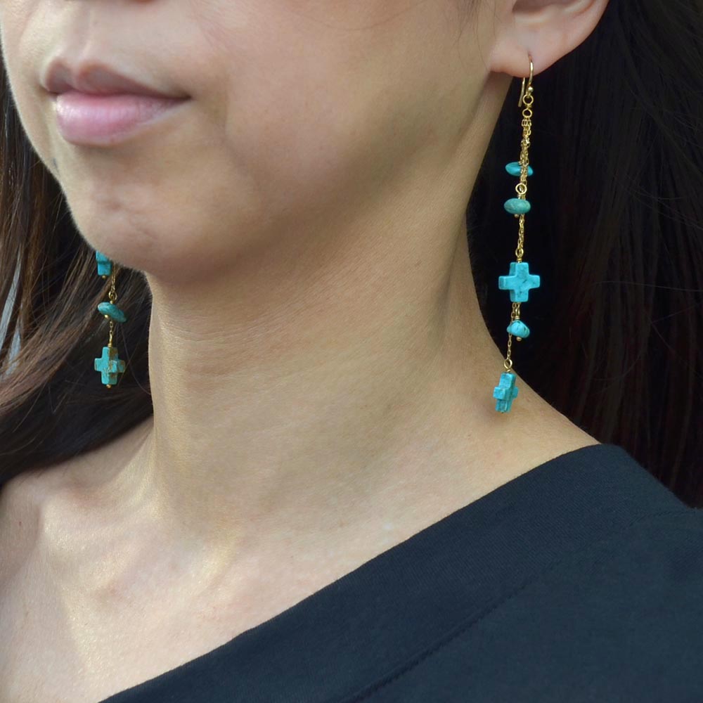 ターコイズ クロス 胡渡り珊瑚 ロングピアス