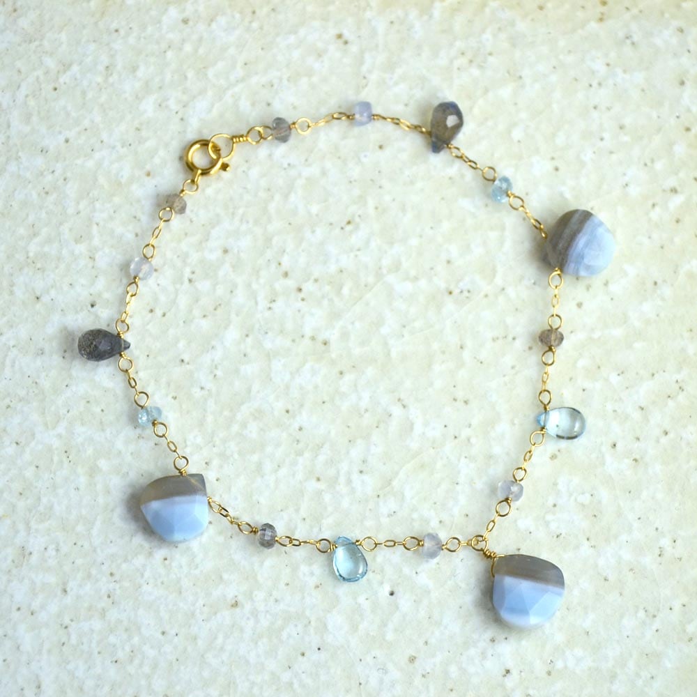 Ｋ18・バンデットアゲイト・ラブラドライト・ブルーカルセドニー・ブルートパーズ・ブレスレット