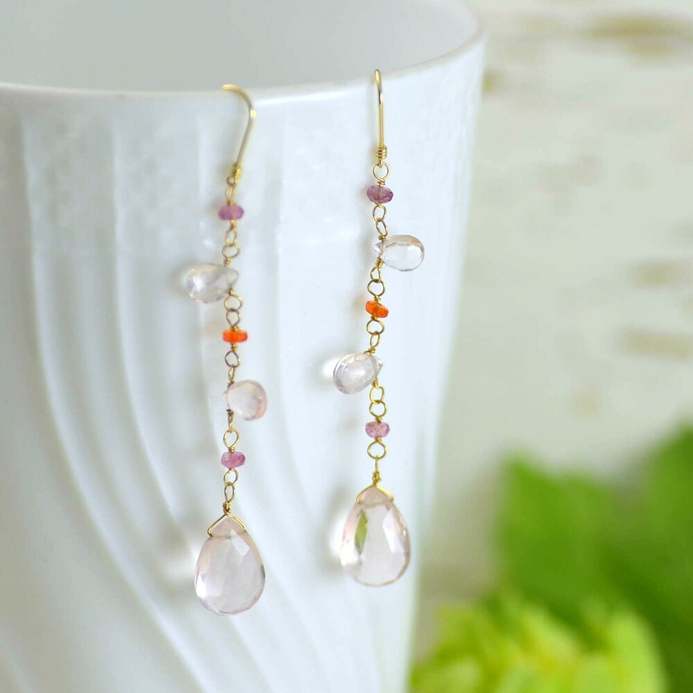 K18 ローズクォーツ ファイヤーオパール ピアス