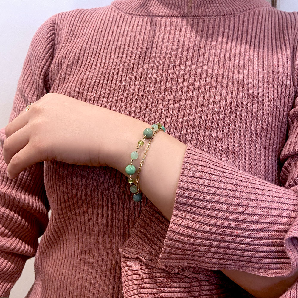 天然石 チェーン 2連ブレスレット(オレンジ系・グリーン系・ブルー系)