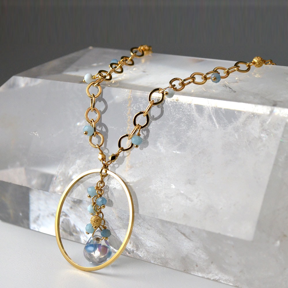 ラリマー アクアマリン フープフリンジネックレス