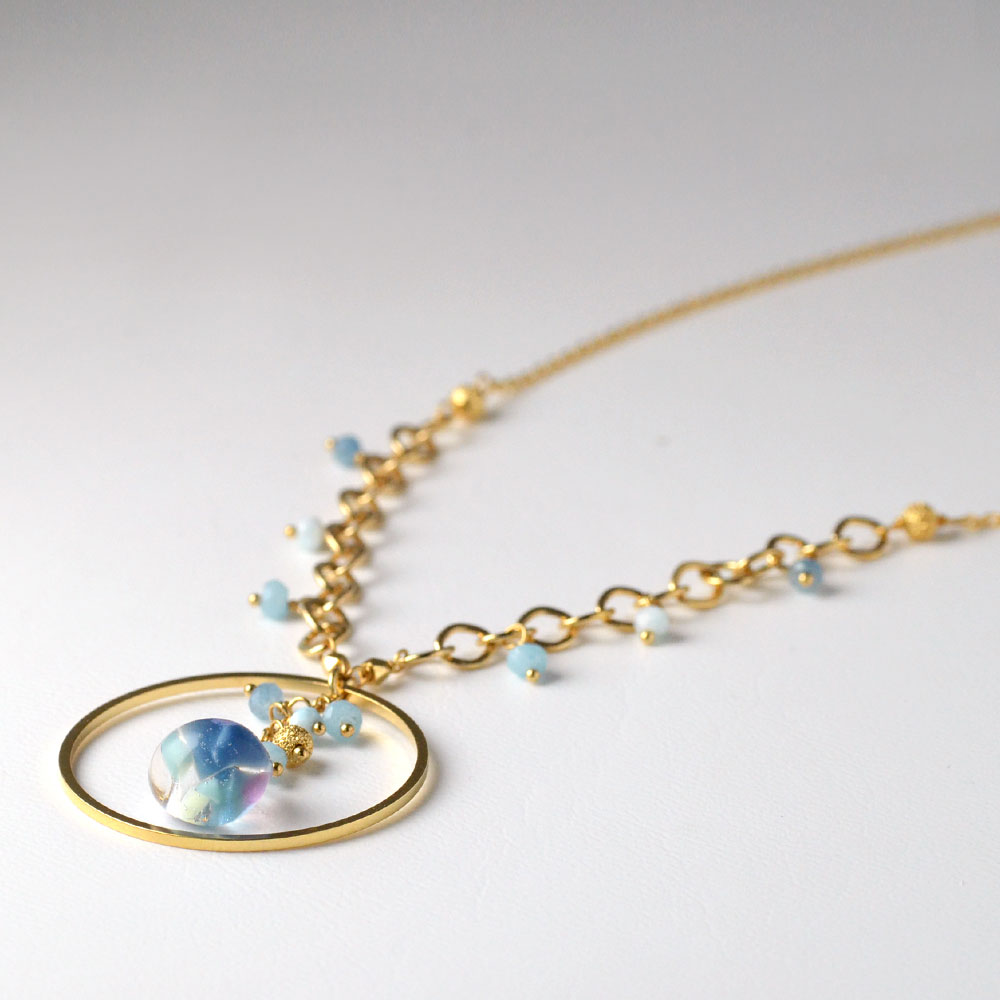 ラリマー アクアマリン フープフリンジネックレス