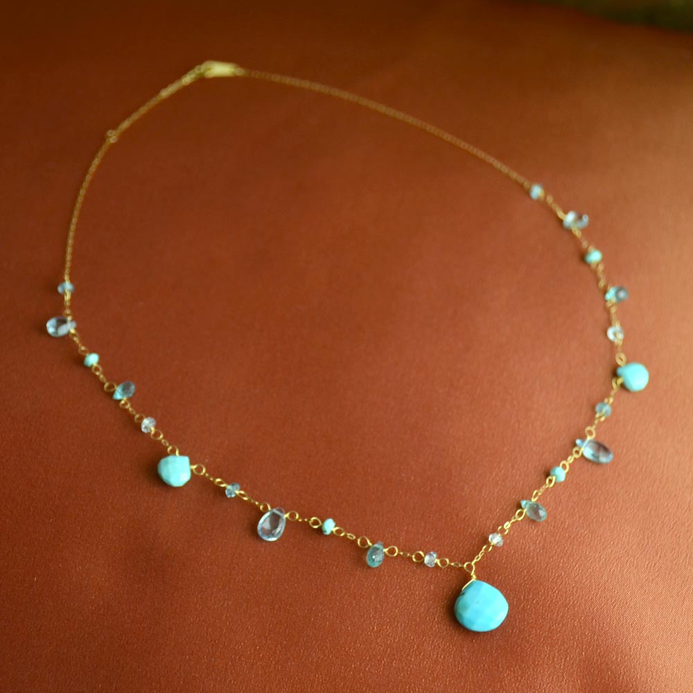 K18 ターコイズ ブルートパーズ アパタイト フリンジネックレス