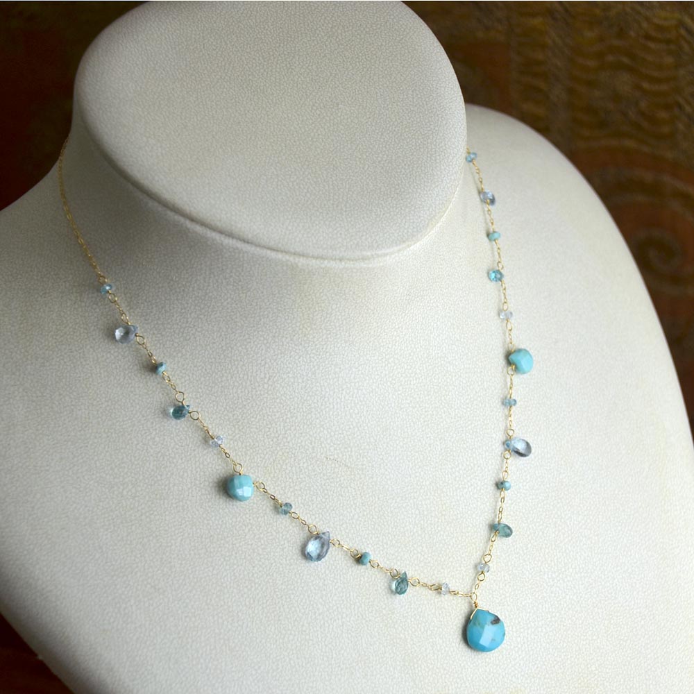 K18 ターコイズ ブルートパーズ アパタイト フリンジネックレス