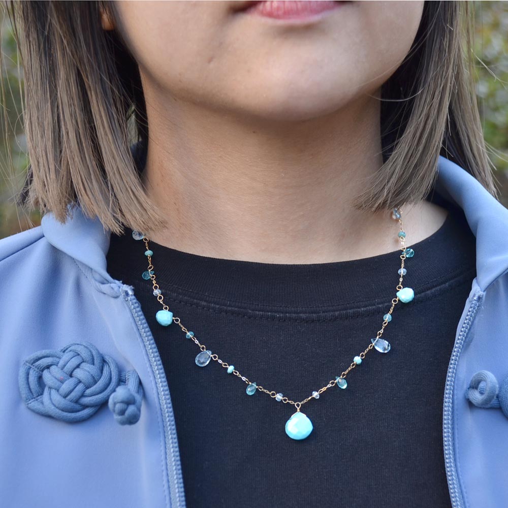 K18 ターコイズ ブルートパーズ アパタイト フリンジネックレス