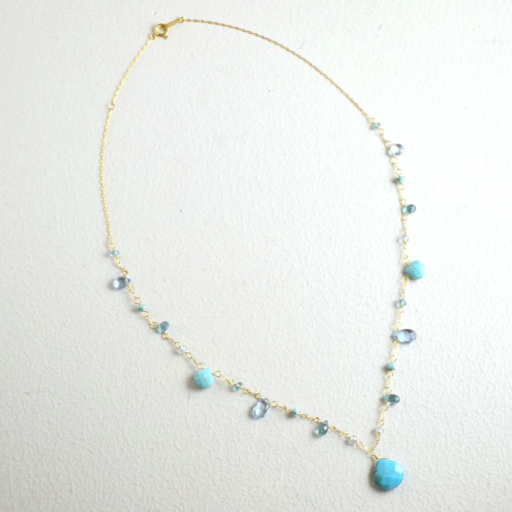 K18 ターコイズ ブルートパーズ アパタイト フリンジネックレス