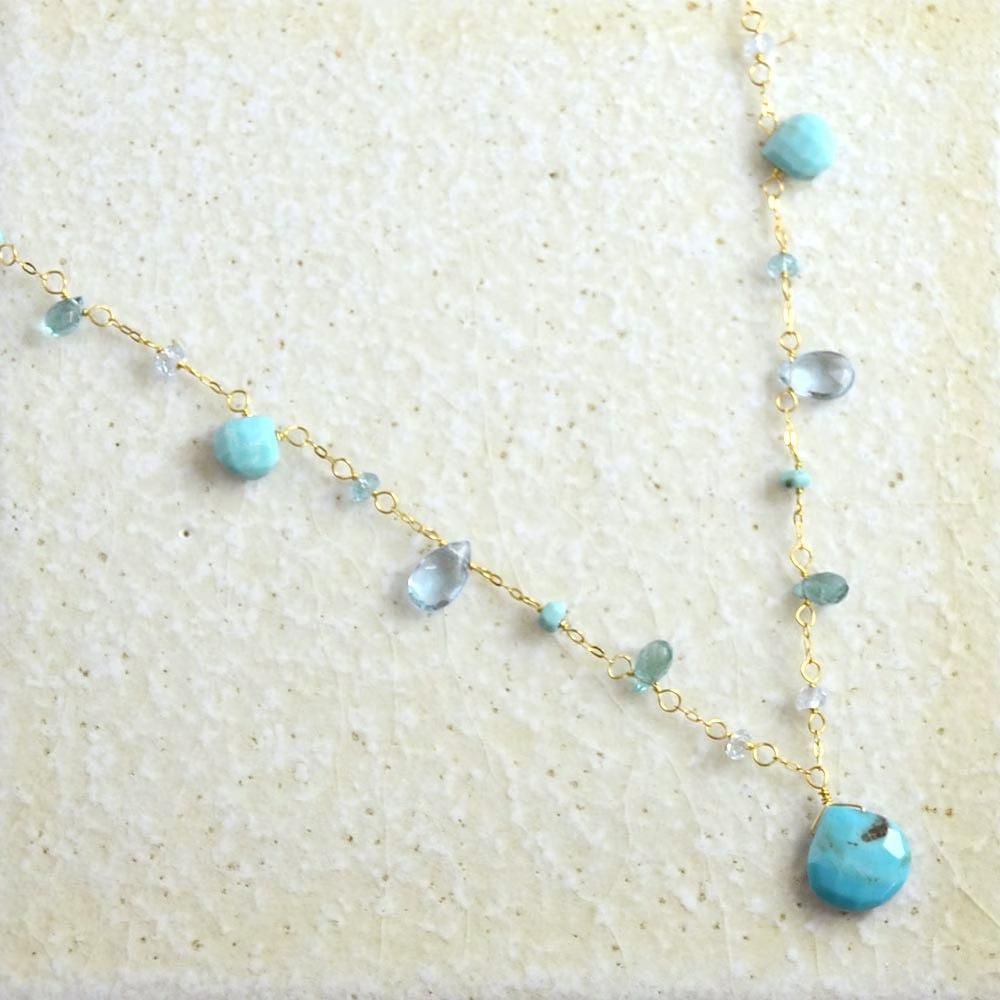 K18 ターコイズ ブルートパーズ アパタイト フリンジネックレス