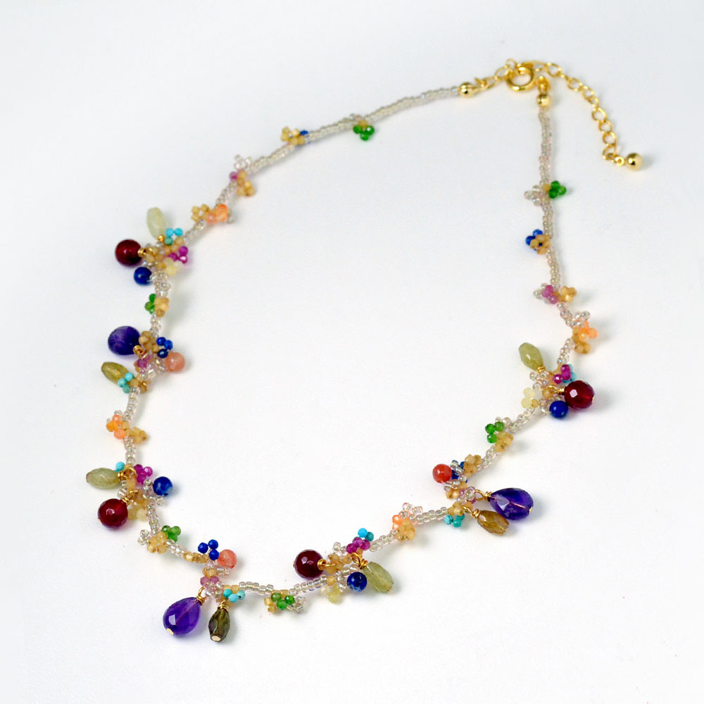 マルチカラー天然石 編みこみネックレス