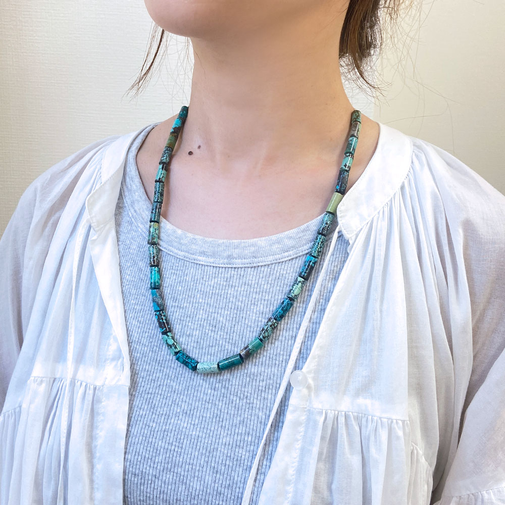 ターコイズ ハンドニット シリンダー セミロングネックレス