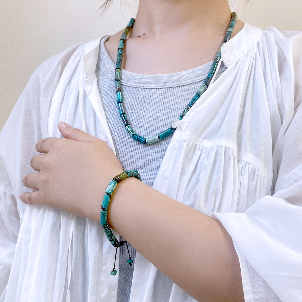 ターコイズ ハンドニット シリンダー セミロングネックレス