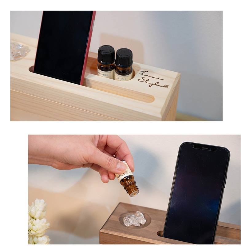 天然木ティッシュボックス アロマ＆スマホスタンド
