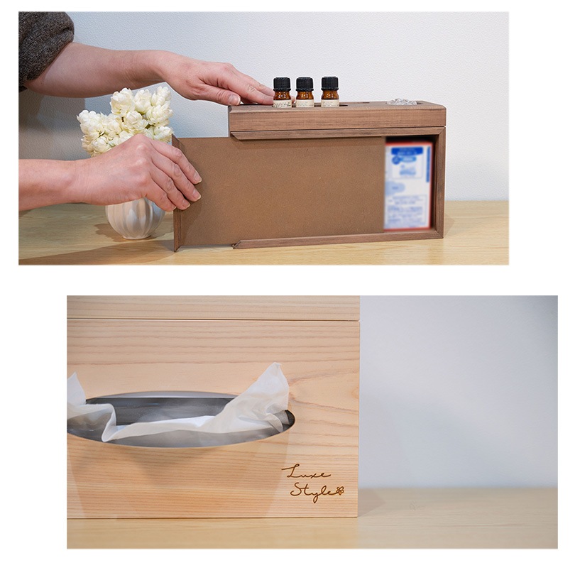 天然木ティッシュボックス アロマ＆スマホスタンド
