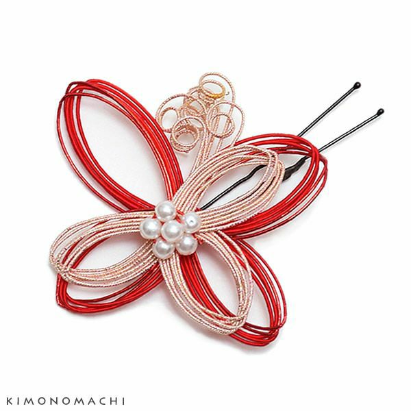 水引き髪飾り「赤×ピンクゴールド」ポイント髪飾り