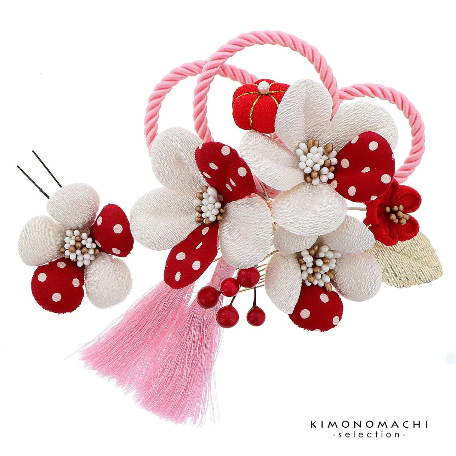 髪飾り　コームとUピン 2点セット 「白と赤水玉 (No.52798白)」