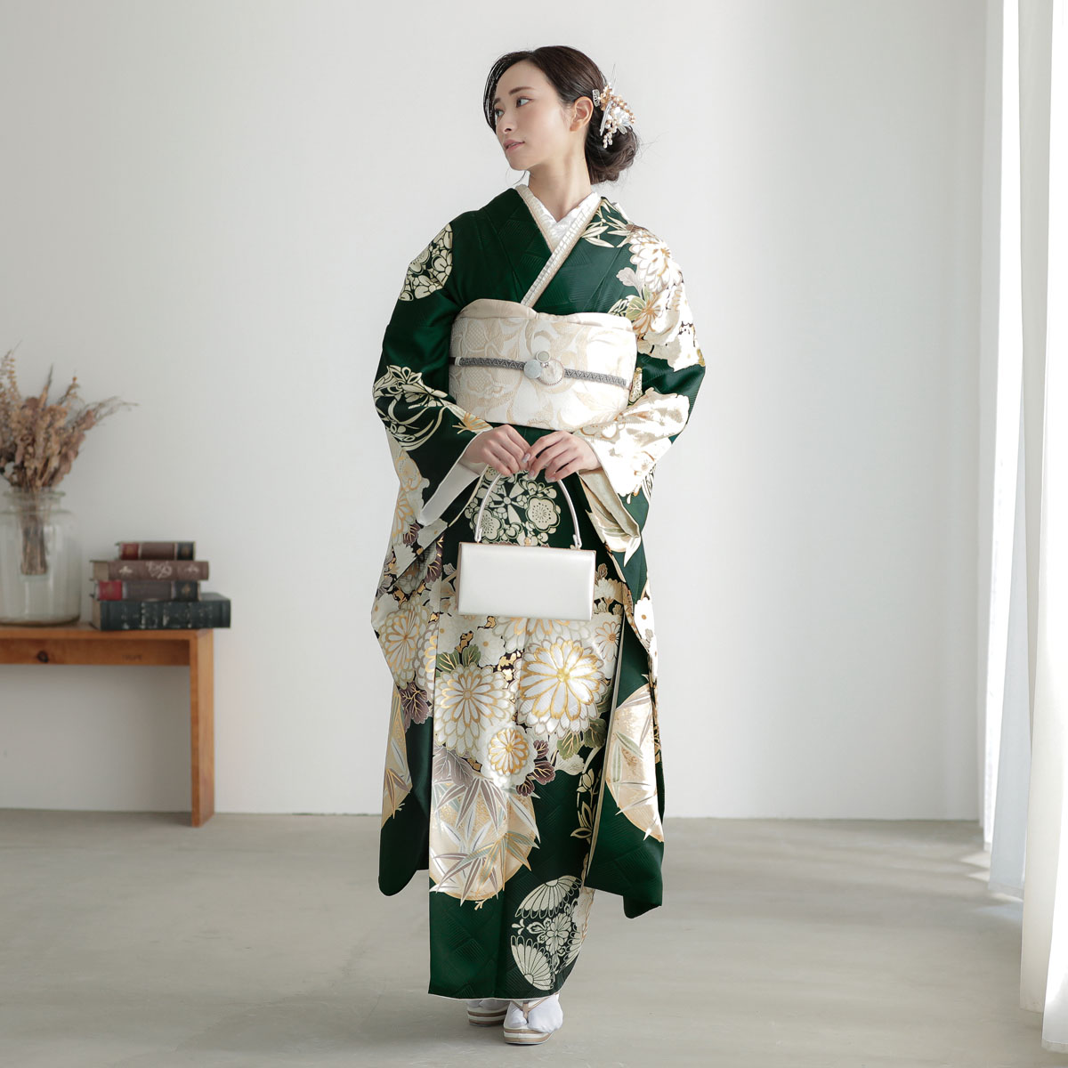 深緑　四君子（【振袖・袋帯・長襦袢のセット商品】）