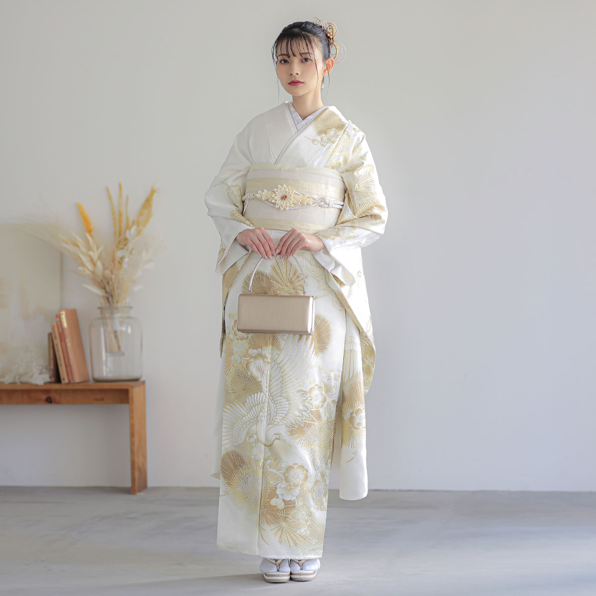 白金 鶴に松梅（【振袖・袋帯・長襦袢のセット商品】）