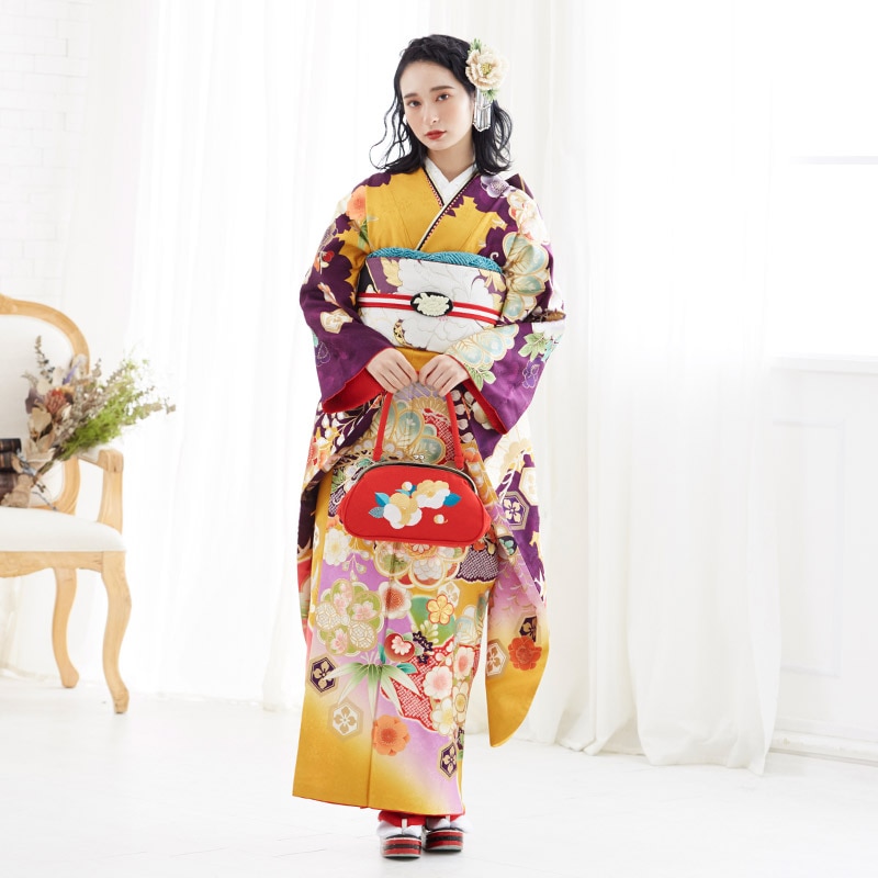 成人式振袖レンタル オレンジ×紫 松竹梅桜藤に鶴(絹)