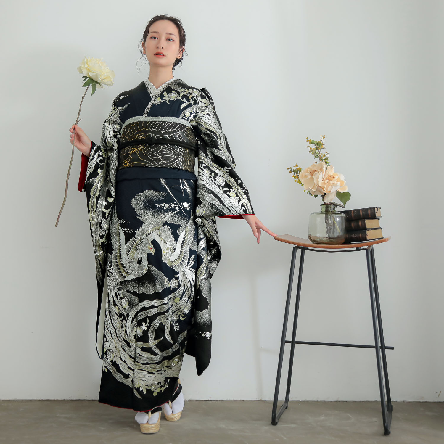 Beautiful Japan ブルー×黒 鳳凰（【振袖・袋帯・長襦袢のセット