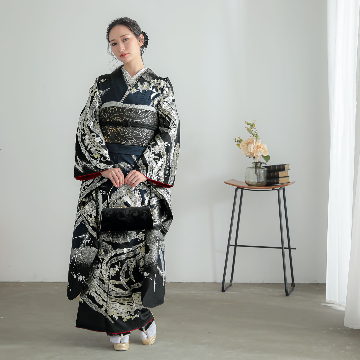 振袖 フルセット 165cm おしどり 金彩 黒 レトロ furisode 正統派古典/ひいな 黒 牡丹に鼓檜扇紋様 大人っぽい かっこいい