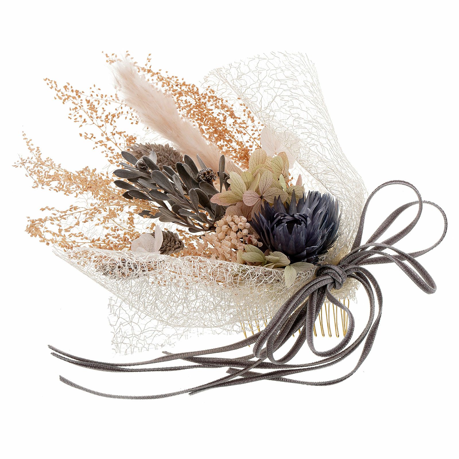 髪飾り フラワーコーム「シャンペトルブーケ　ベージュ・グレー」 お花髪飾り プリザーブドフラワー