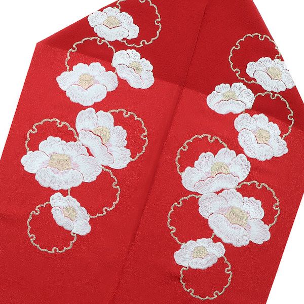 刺繍半衿 赤色 雪輪に白椿 | KOMONO,半衿 | 京都きもの夢館