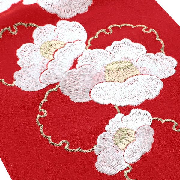 刺繍半衿 赤色 雪輪に白椿 | KOMONO,半衿 | 京都きもの夢館