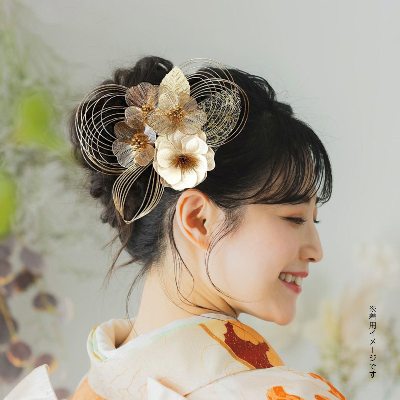 髪飾り ブロンズゴールド・シルバー 縮緬とメタルフラワー 2点セット 水引 コーム Uピン 振袖用髪飾り お花髪飾り 成人式 卒業式