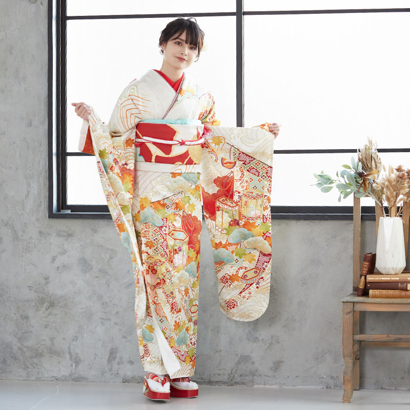 成人式振袖レンタル 白 紅葉 波に貝桶☆(絹)(宅)