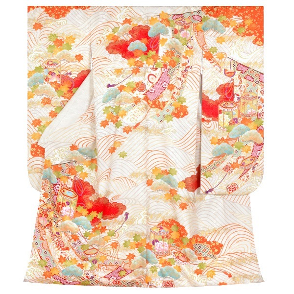 成人式振袖レンタル 白 紅葉 波に貝桶☆(絹)(宅)